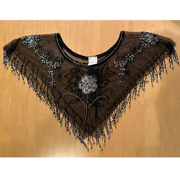 Black & Silver Beaded Sequin Mesh Pullover Capelet Collar Shawl - Picture 11 of 15